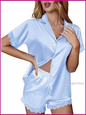 Lace Trim Satin Pajama Set Button Down Top Shorts Pockets Sleepwear